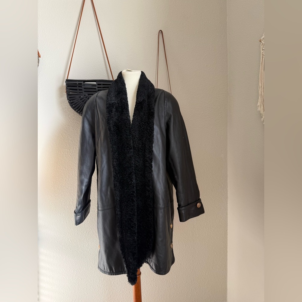 Braefair Leather Fur Side Button Pea Coat Jacket, Size Large